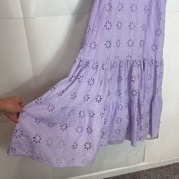 Ann Taylor Dress 18 Purple Eyelet Lace Scoop Neck Maxi Ruffle Puff Sleeve Midi - Picture 7 of 16